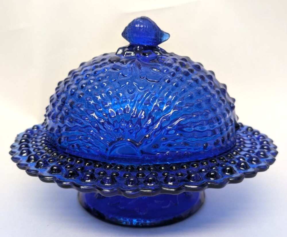 Vintage Cobalt Blue Covered Dish  with Nautilus Shell handle