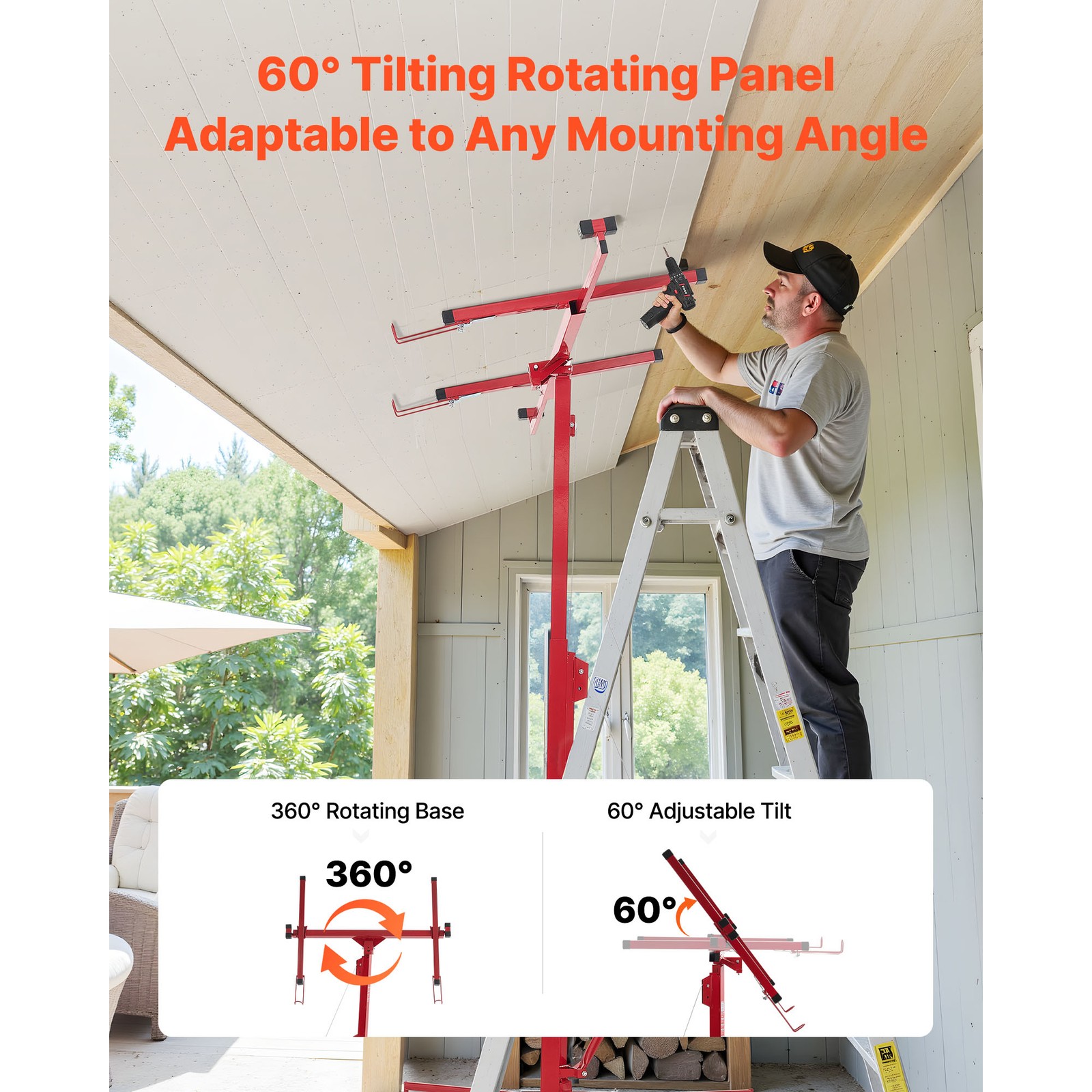 Uimoso 16ft Drywall Hoist, 150 lbs Capacity Adjustable Arm, Lockable Wheels, Red