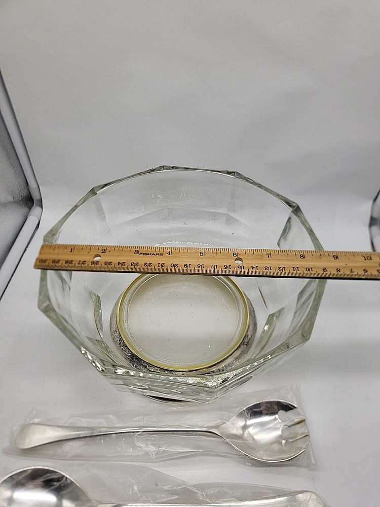 Vintage Italy Fine Crystal Silver Plate Serving Bowl & Utensils Original Packing