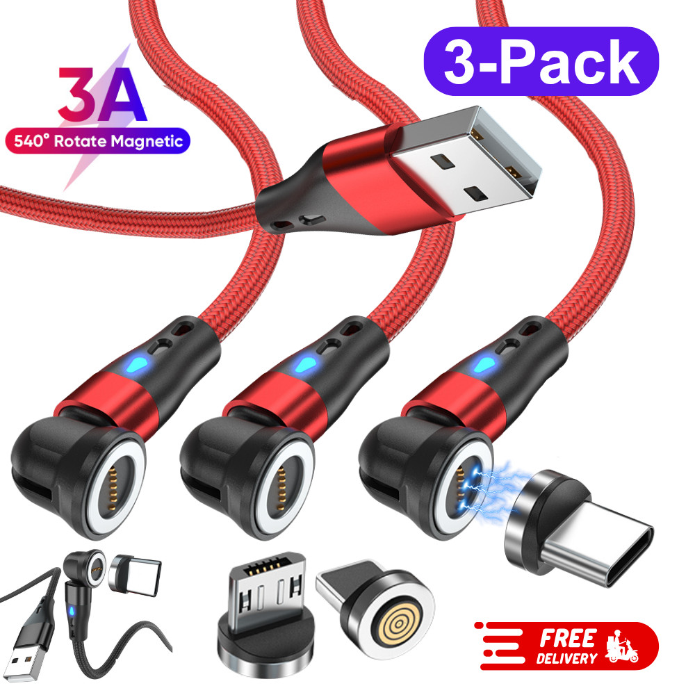 3Pack 180°+360° Magnetic Charger Cable Phone Fast Charging Type C Micro USB IOS