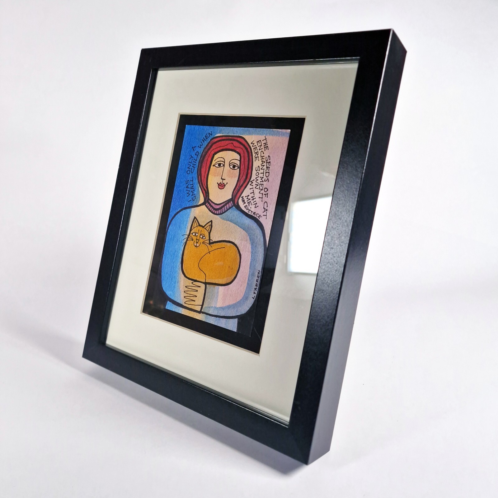 Lynne Farren Watercolor Painting Cat Held by Woman with Quote by May Eustace PNW