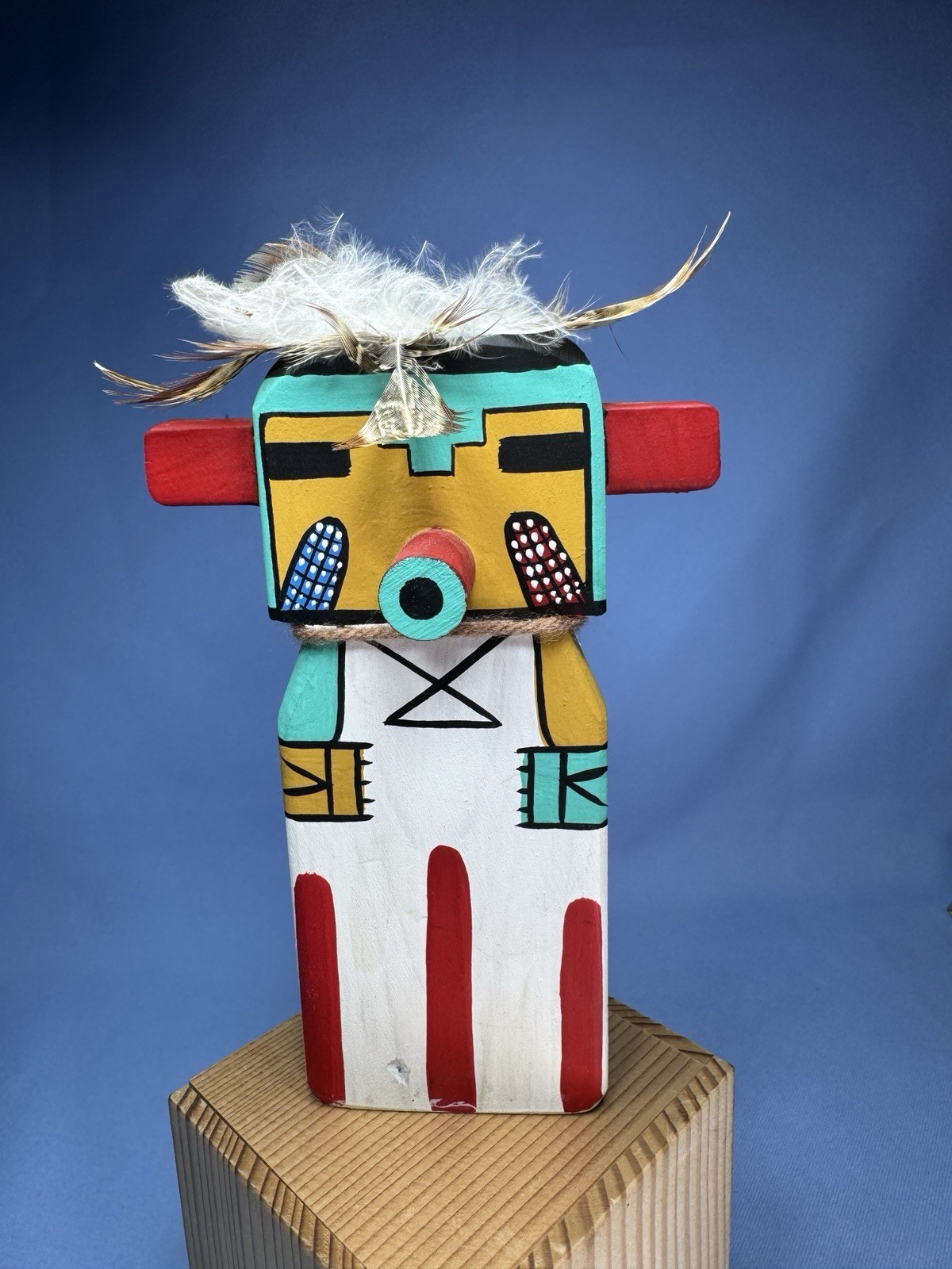 VTG Hopi Puchtihu Corn Kachina  Flat Carved Wood With Feathers 7” Sign Puhuyesua