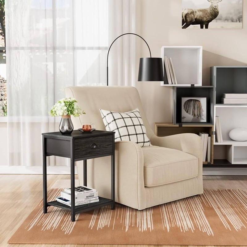 Sturdy Bedside Table W/ Fabric Drawer 3-Tier Storage Multi-Function Unit New