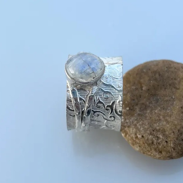Solid 925 Sterling Silver Natural Rainbow Moonstone Boho Wide Band Spinner Ring