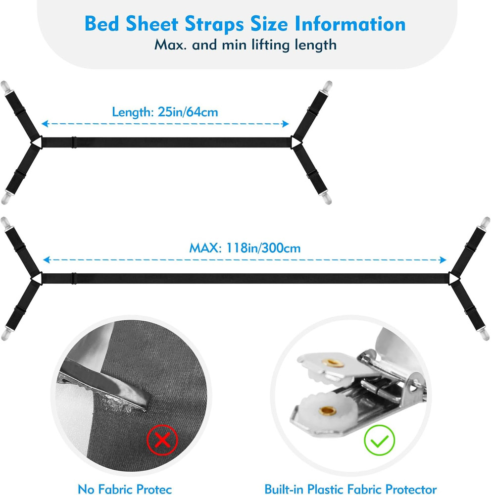 Bed Sheet Straps, 2Pcs Elastic Adjustable Bed Sheet Holder Straps, Fitted Sheet