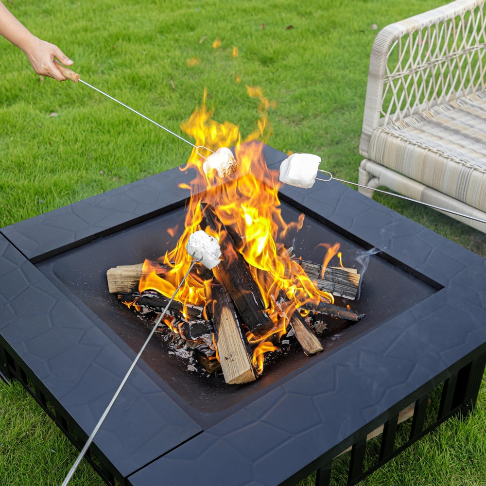 Econook 32 Inch Fire Pit, Square Outdoor Fire Pit Table with Spark Screen & Fire
