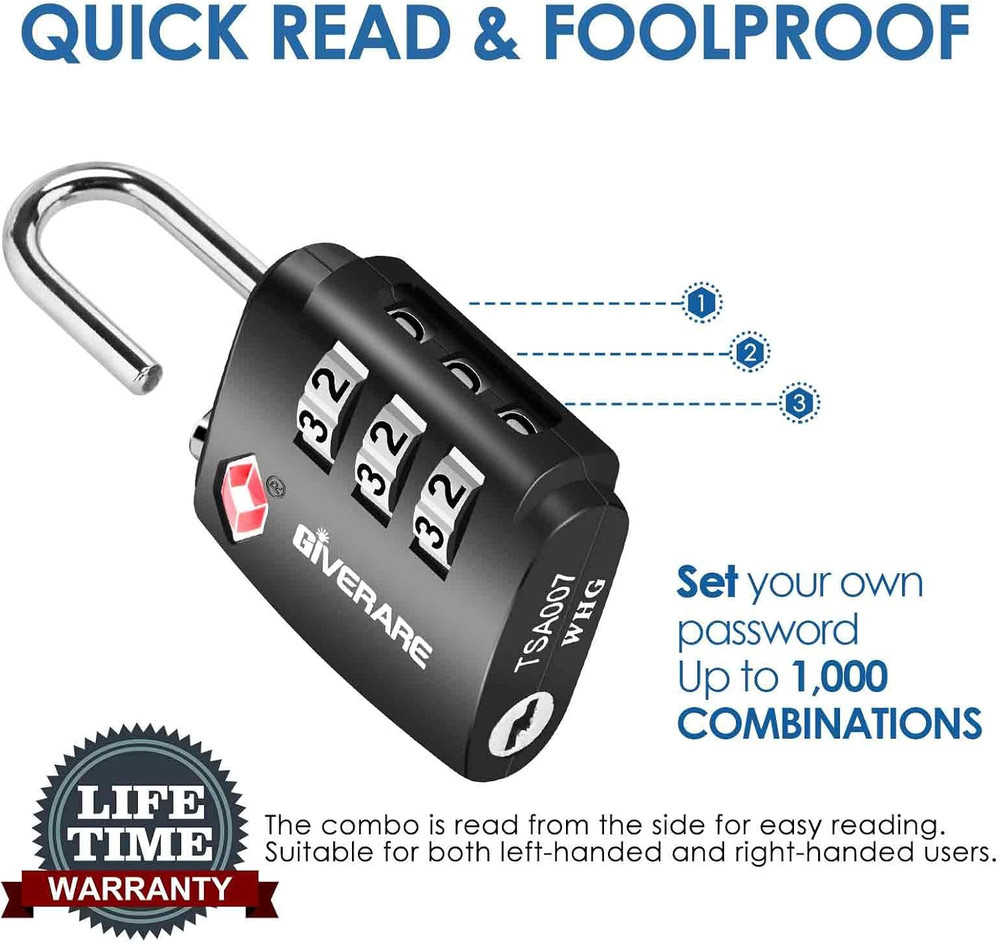 2 Pack TSA Accepted 3-Digit Luggage Locks, Keyless Alloy Padlocks, Compact Black