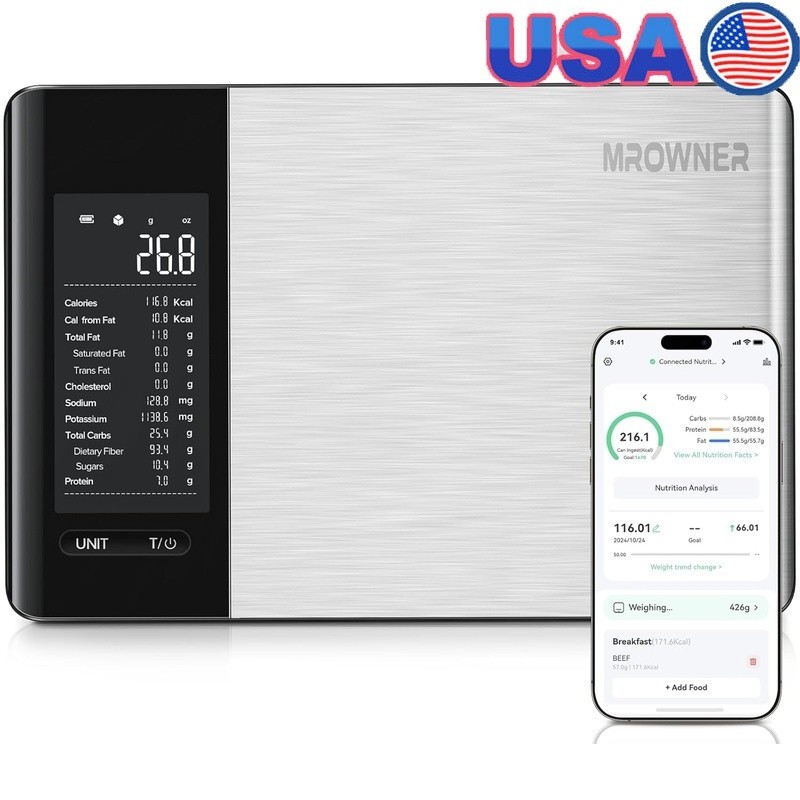 Smart Food Scale W/ Nutritional Tracking App Barcode Scanner LCD Display 5000g