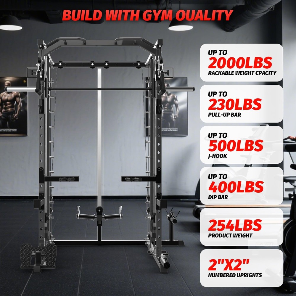 Smith Machine Power Cage with Pulley System LAT Pulldown Squat Rack for Home Gym