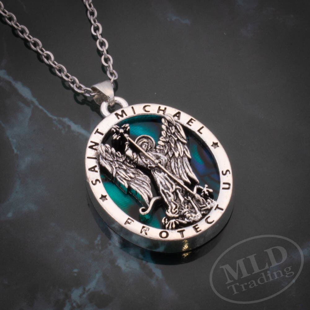Saint St Michael Pendant Necklace, Religious Protector Medal, Alloy, 18" Chain