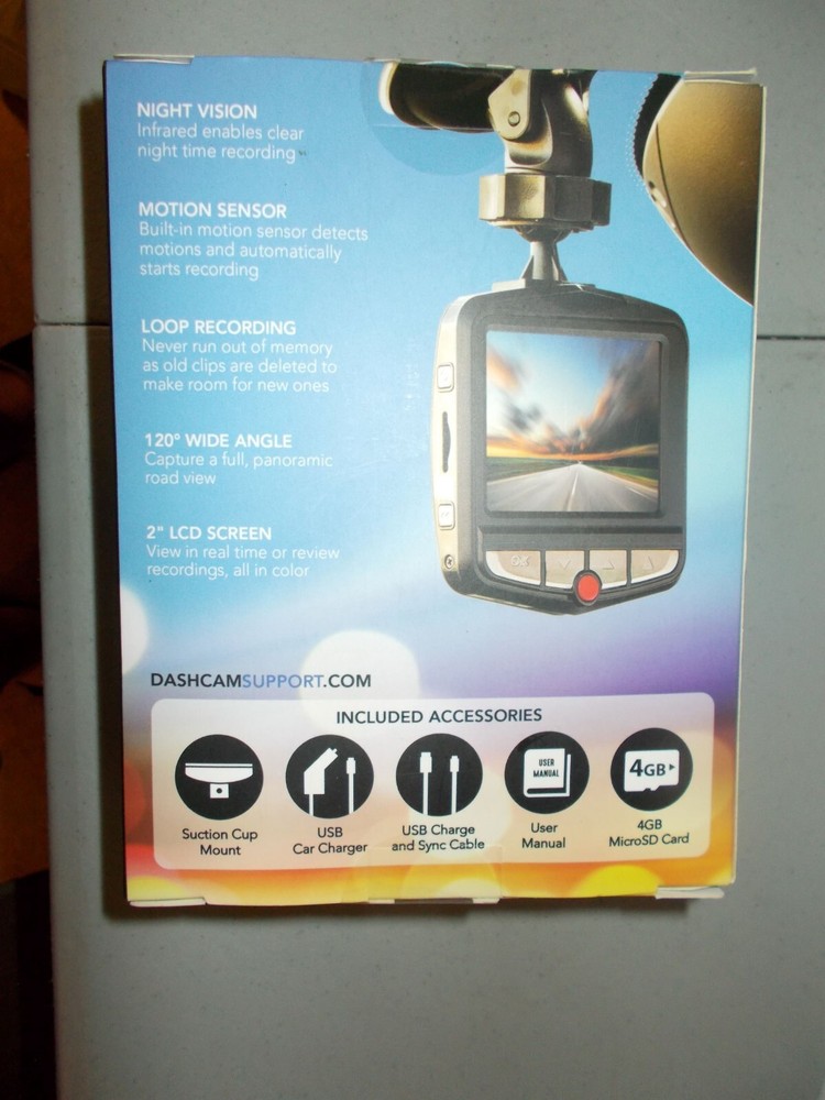 Pilot 2" lcd dashcam w/ motion sensor mode suction cup mount 4GB card