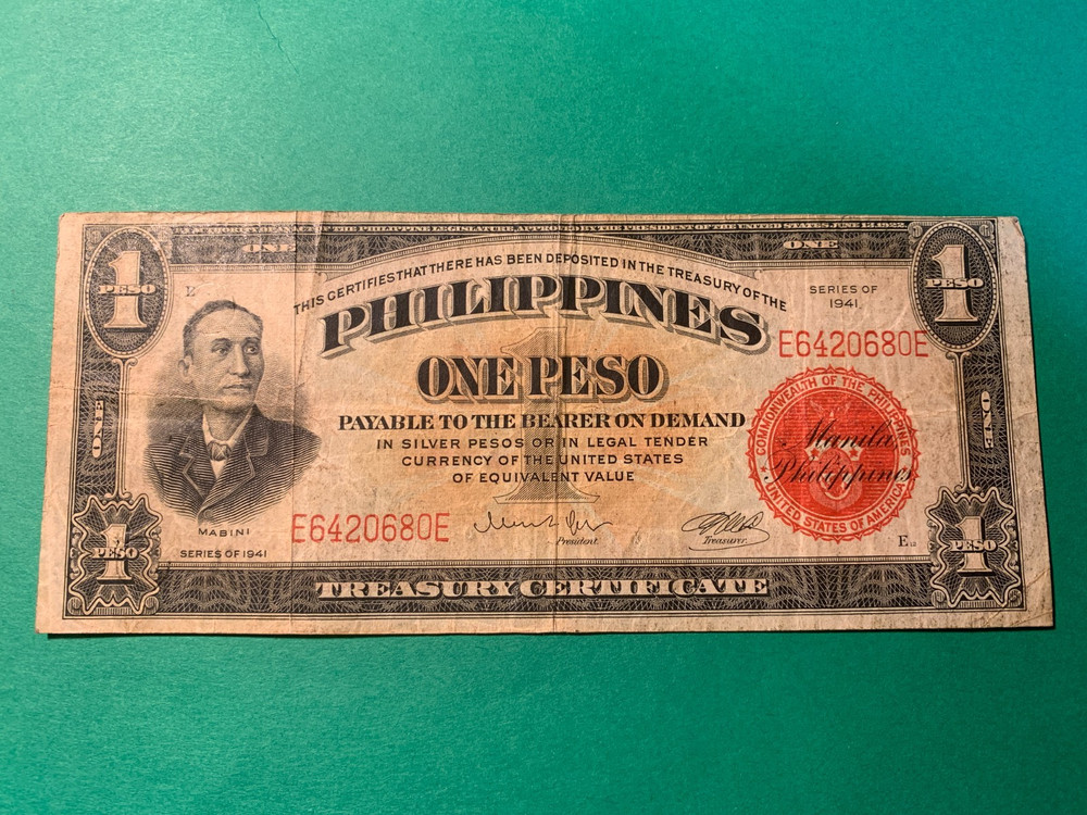 PHILIPPINES 1941 ONE PESO TREASURY CERTIFICATE  AVIATOR'S NOTE E6420680E P-89c
