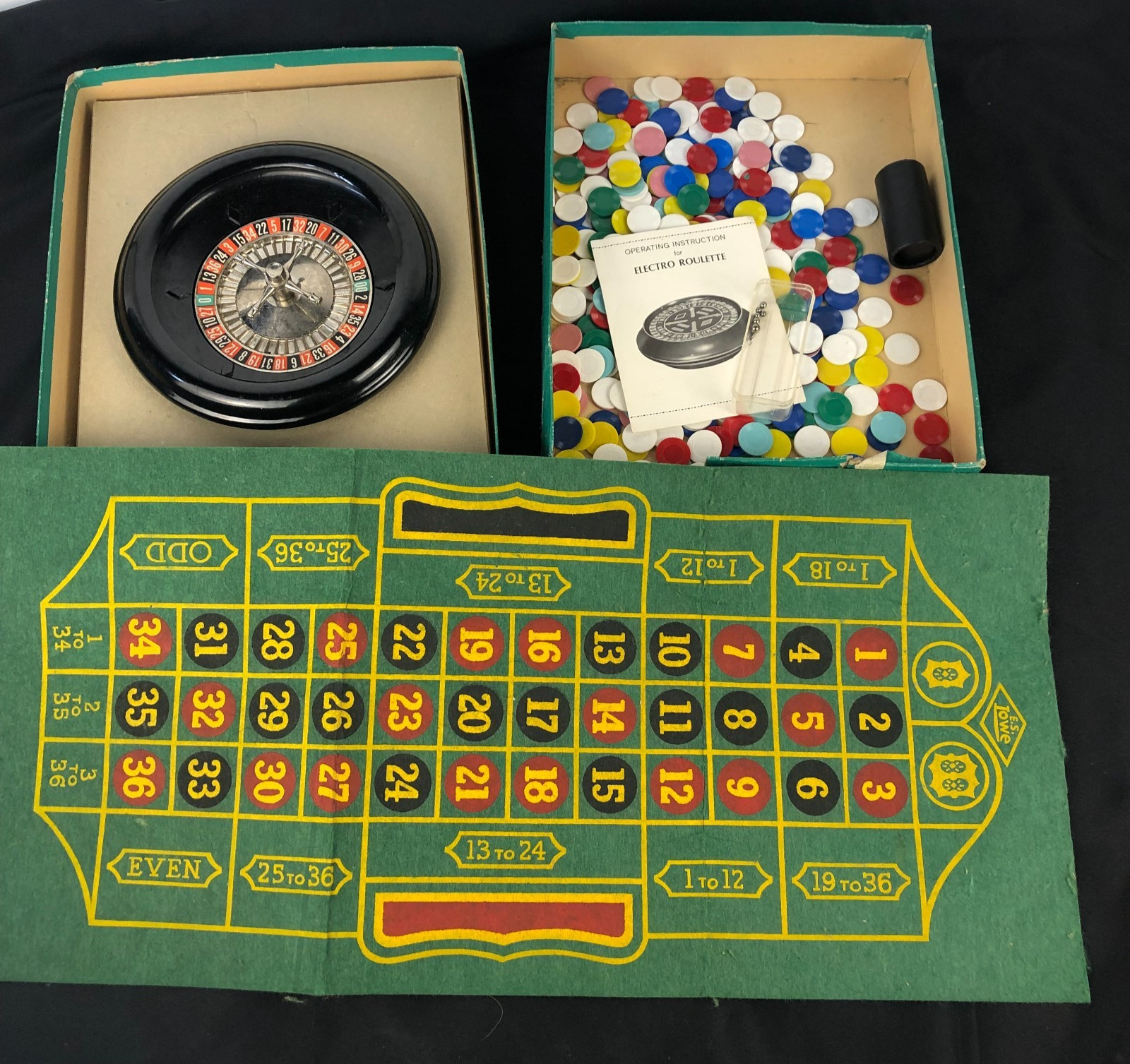 Vintage E. S. Lowe Roulette Wheel Game Set #907 w/ Layout Felt & Box 8” USA