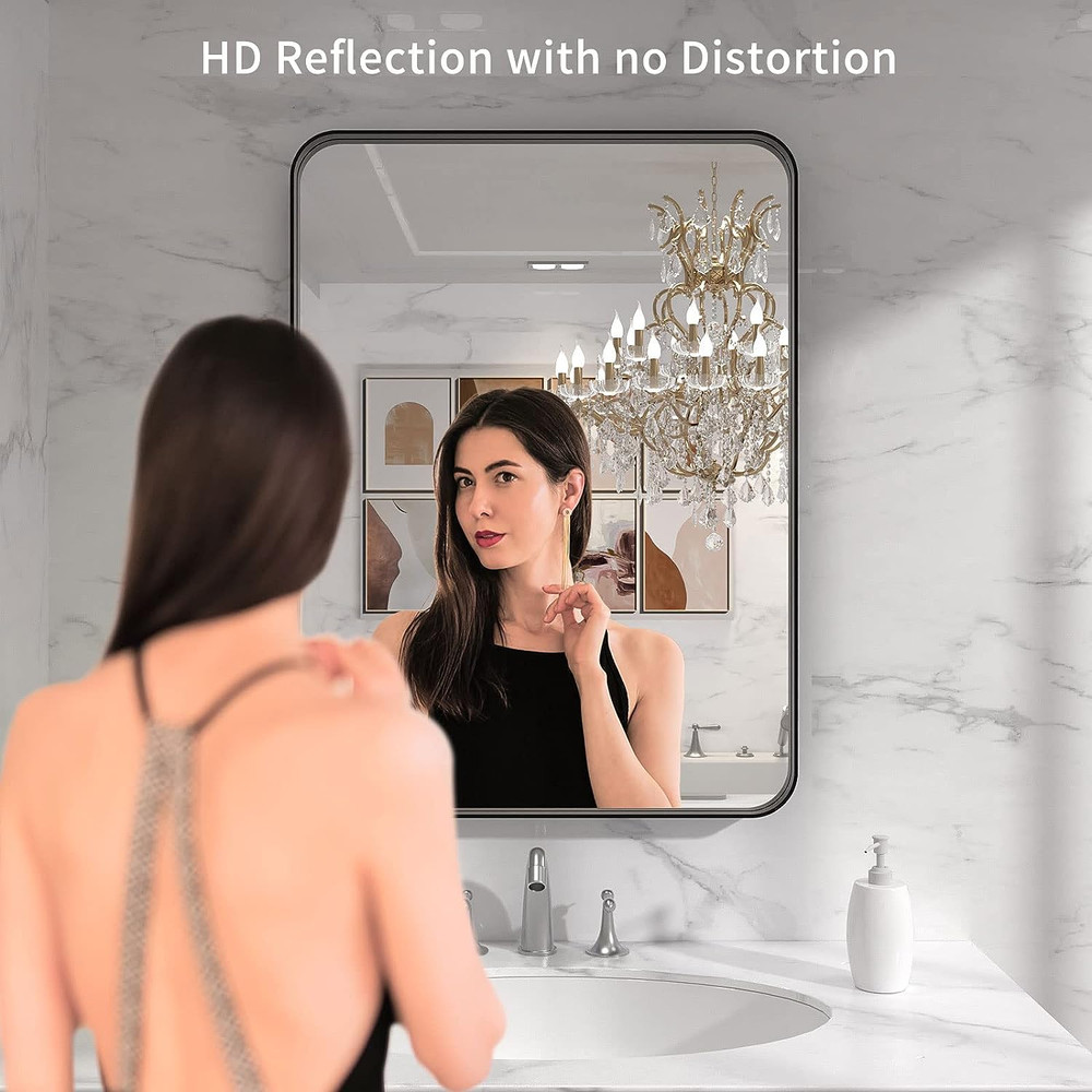 Matte Black Rounded Rectangle Bathroom Mirror, 22x30 Inch, Anti-Rust, Versatile