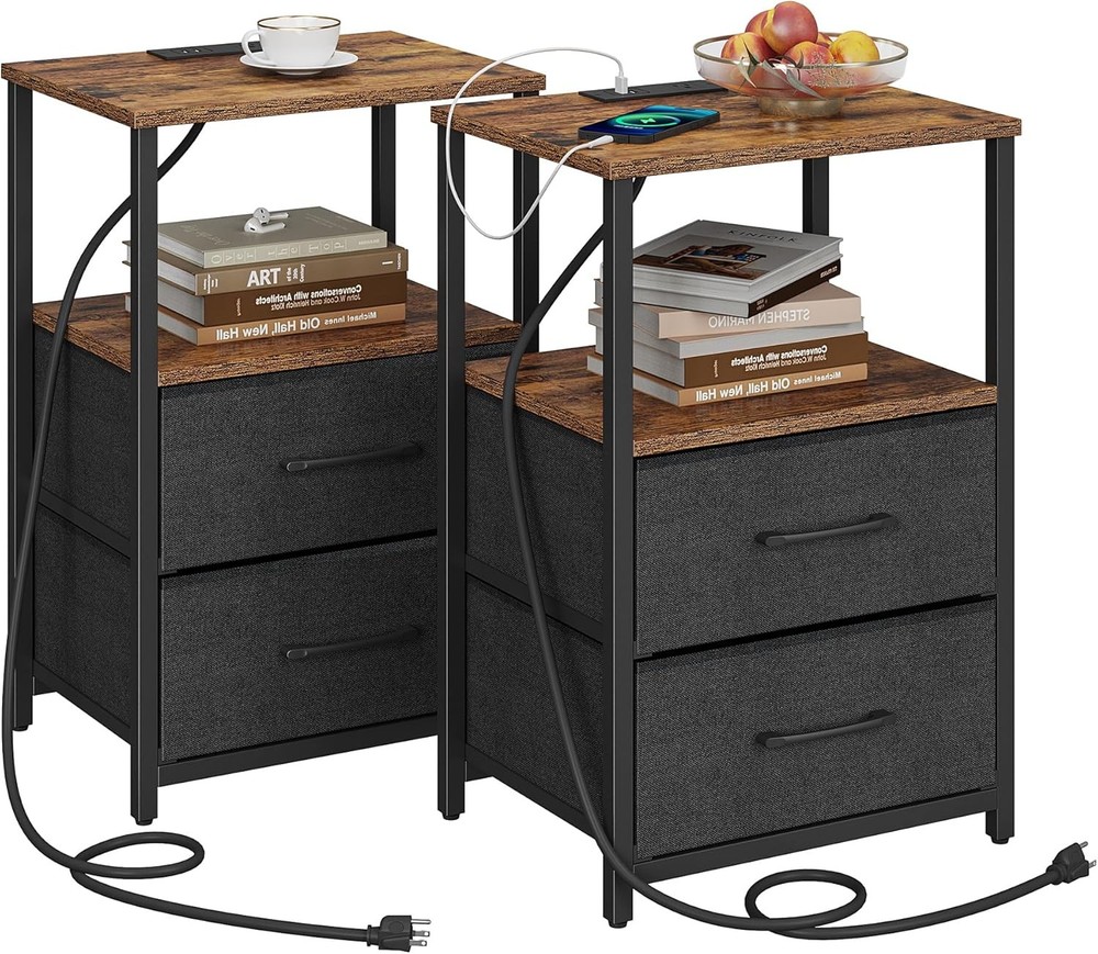 End Table with Charging Stat, Side Table USB Ports and Outlets,