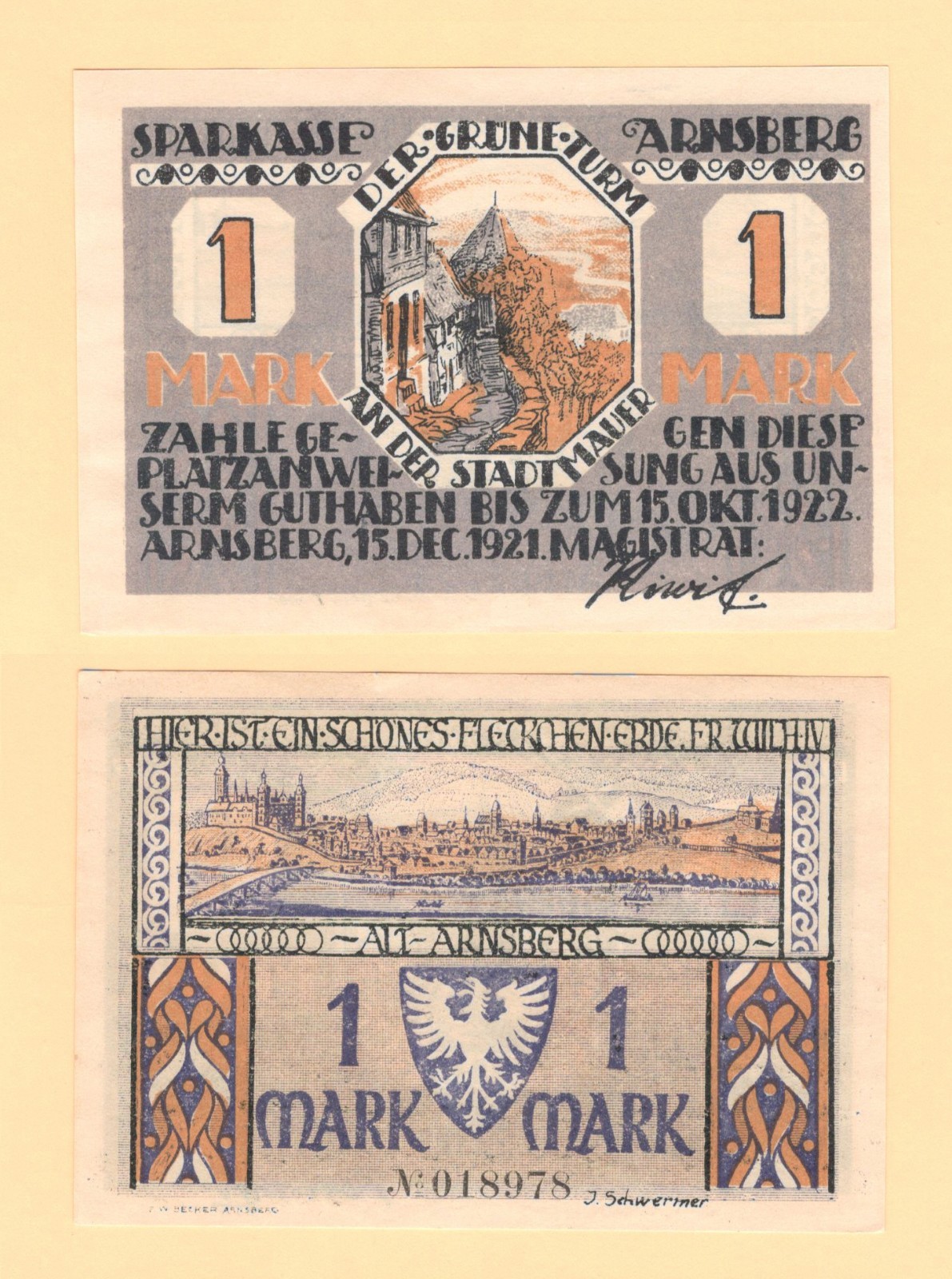 German Serienscheine Notgeld 1922 { Arnsberg  1 Mark } # L 41b / GrM 42.1