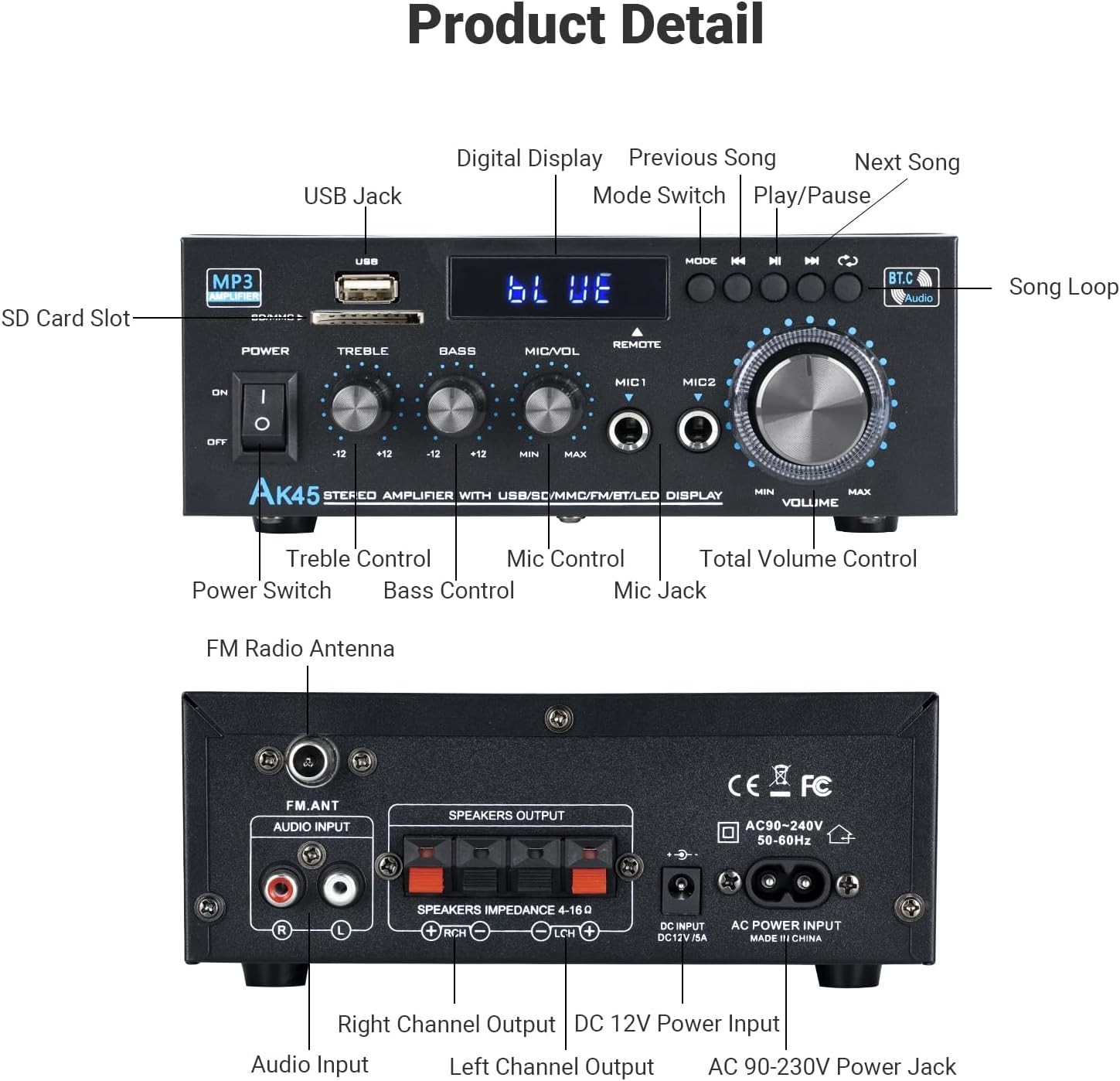 Stereo Receiver & Amplifier Home Audio Amp, AK45 Bluetooth Receiver for Home