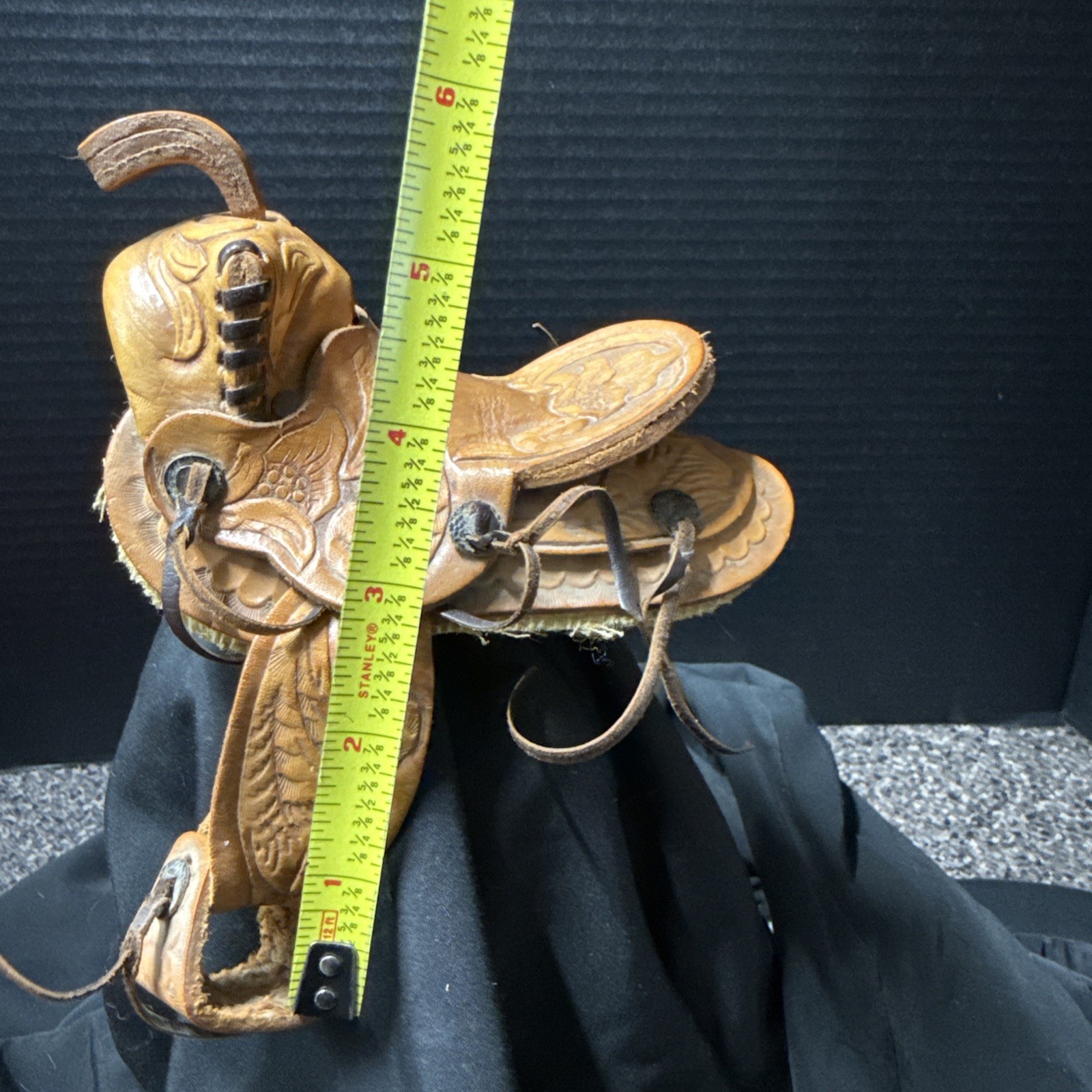 Vintage Western Mini Leather Saddle Cowboy Ranch Decor Shearling Tooled 6”x4.5”