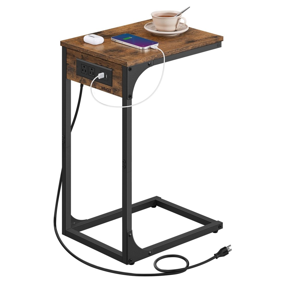 VASAGLE C-Shaped Side Table, End Table with Charging Station, C Table for Cou...