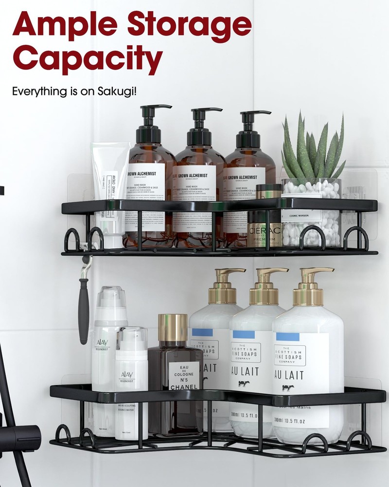 Sakugi Corner Shower Caddy 2 Pack Adhesive Black Rustproof No Drill