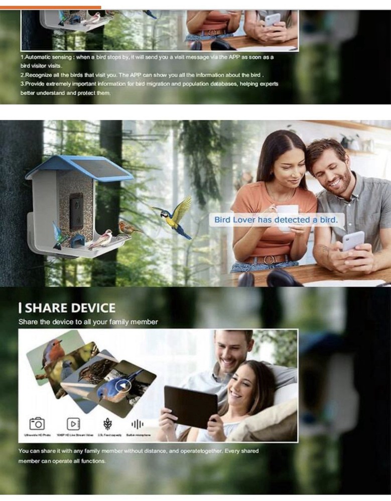 Smart Bird Feeder, Camera Solar Powered, HD Camera Auto Capture Bird
