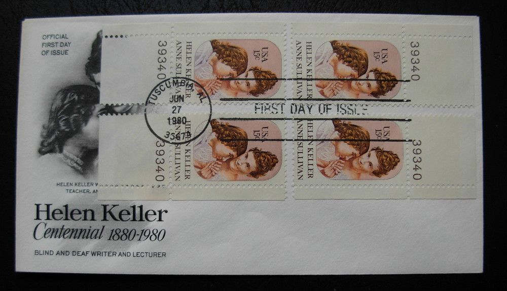 1824 Helen Keller FDC - Matched Set Single Plate #s