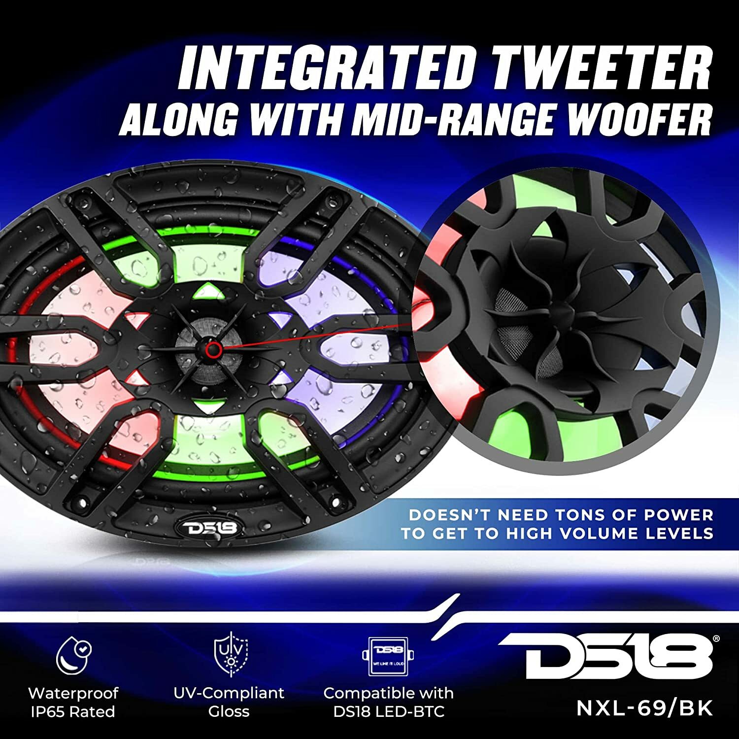 DS18 NXL-69/BK HYDRO 6X9" 2-Way Marine Speakers with RGB 375W Max 4-Ohm