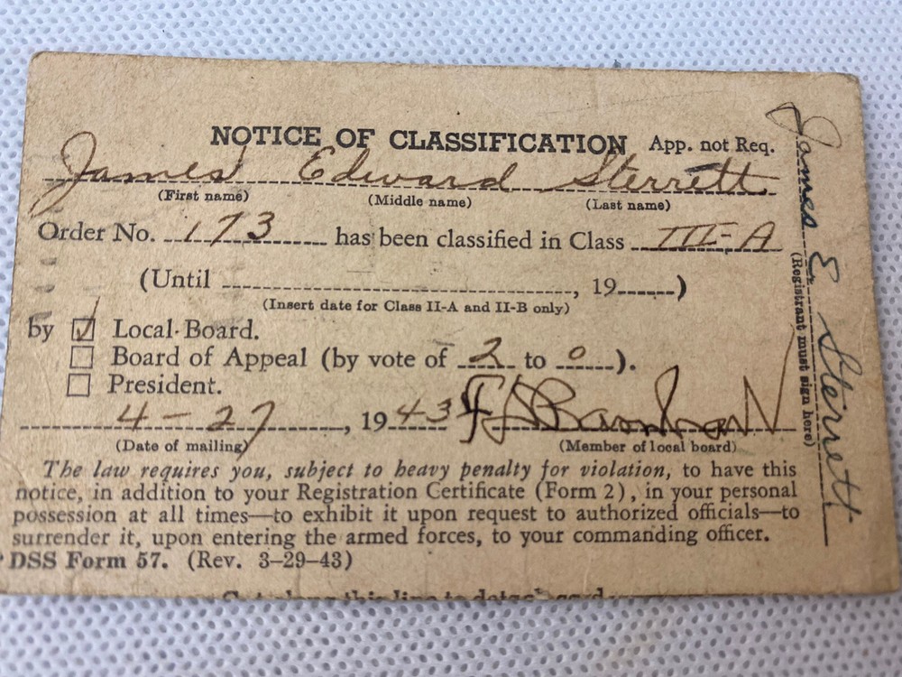 Sterrett Cabin ID Tag Notice Classification 1943 Mount Pleasant PA US Army P6C