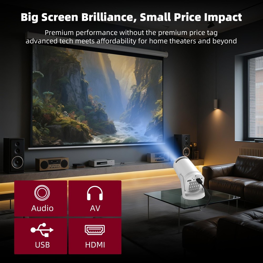 Mini projector, with wired screen sync 4K 1080P portable projector 180° white