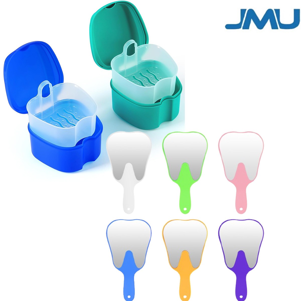 JMU Denture Bath Case Cup Box Holder Storage Soak /Handheld Tooth Mirror