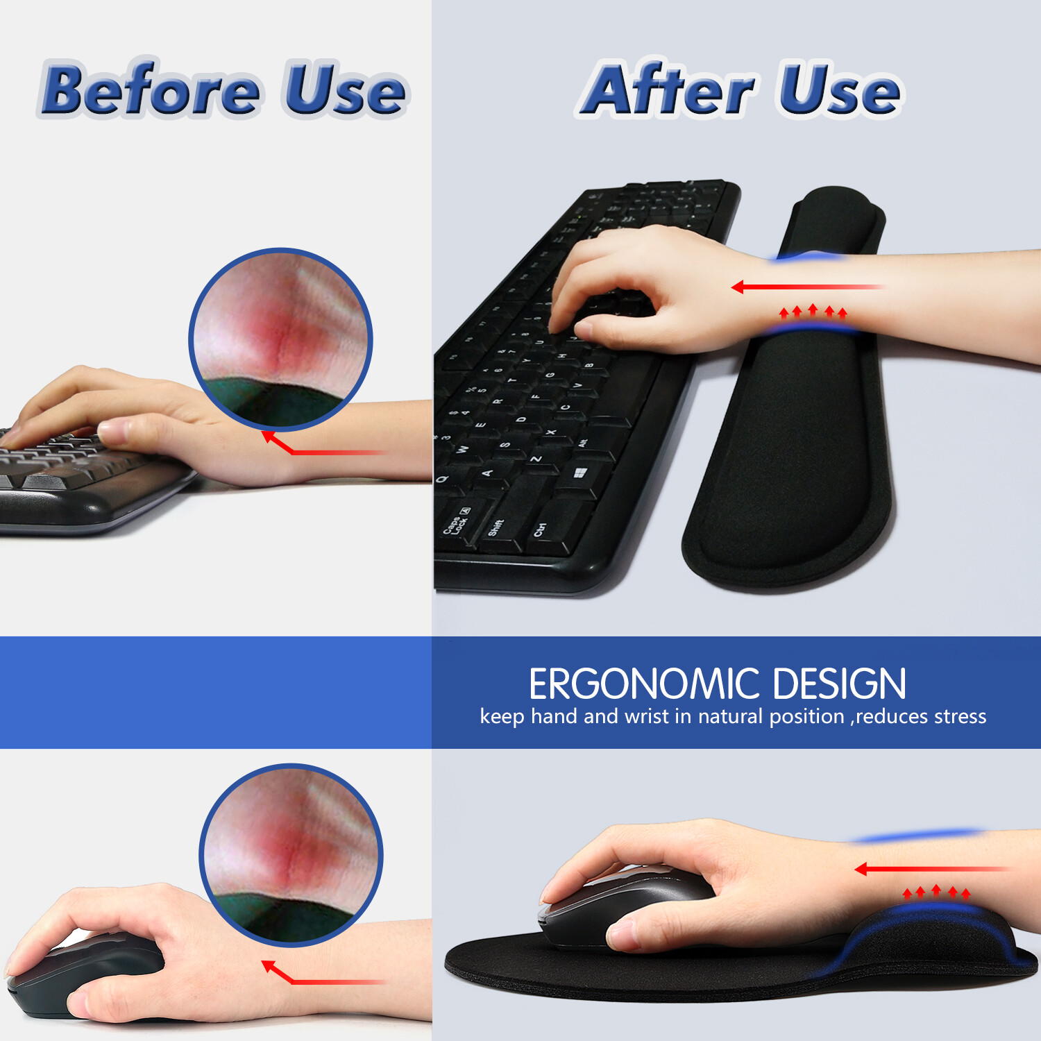 2Pc Premium Memory Foam Keyboard Wrist Support Bar and Mouse Wrist Rest Pads Set