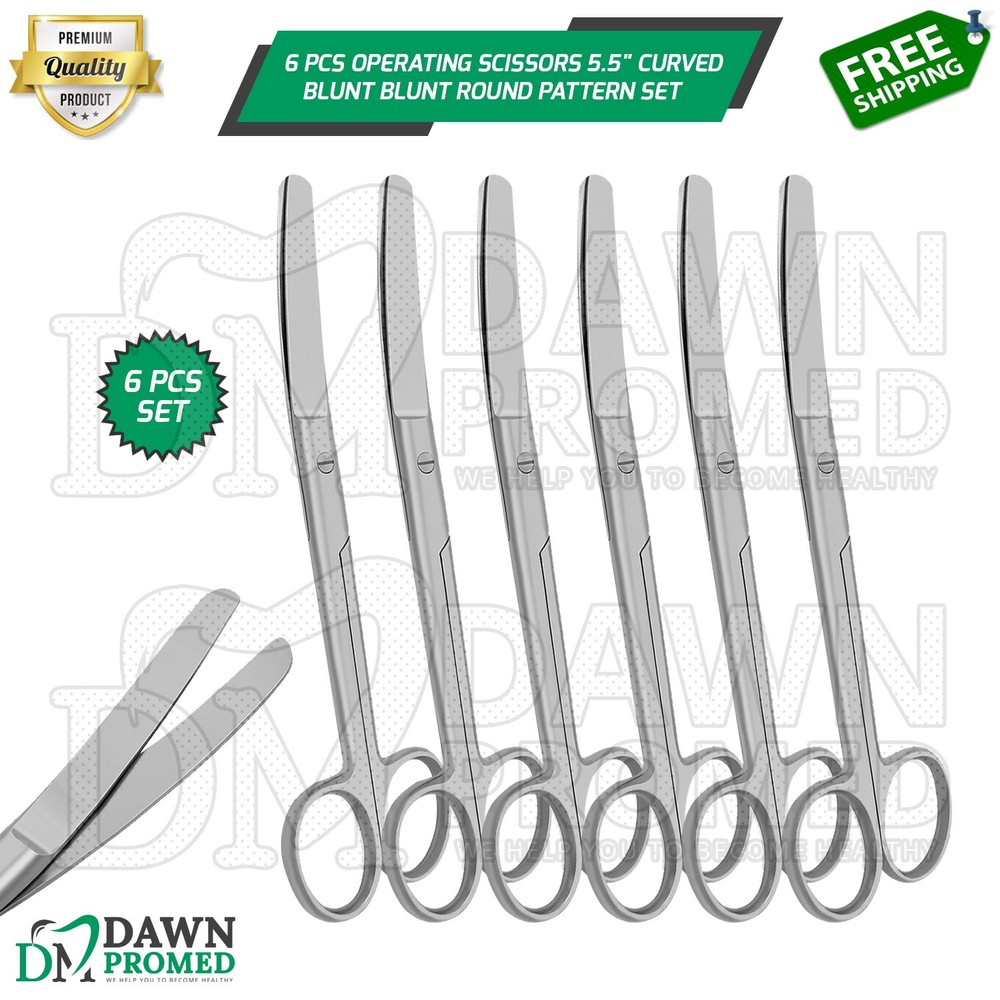 6 Pcs Operating Scissors 6.5" Curved Blunt Blunt Round Pattern Surgical Set