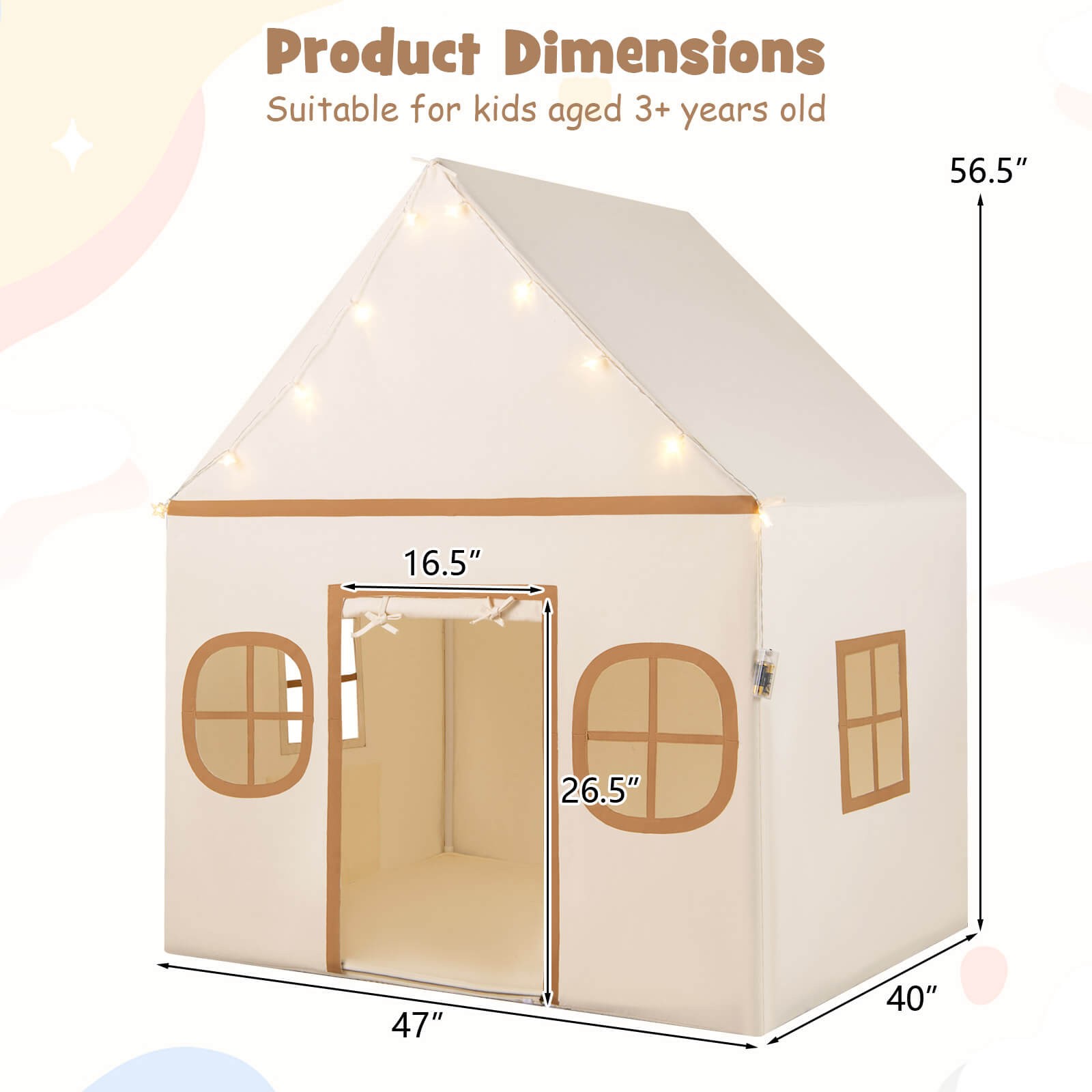 Kids Play Tent with Padded Mat, Star Lights, Side Storage Bags, Door & Windows