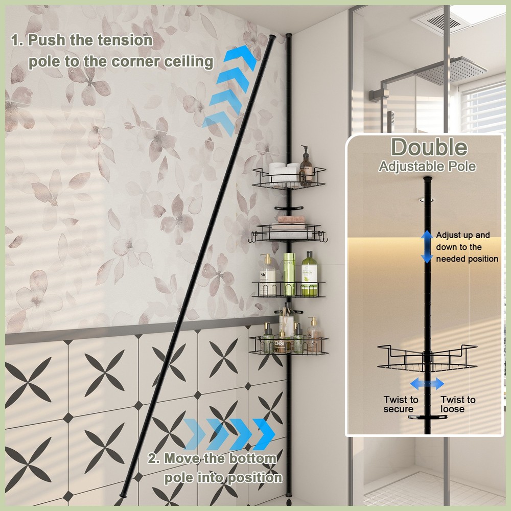 Corner Shower Caddy Tension Pole 4-Tier Adjustable Rustproof Baskets Bathroom
