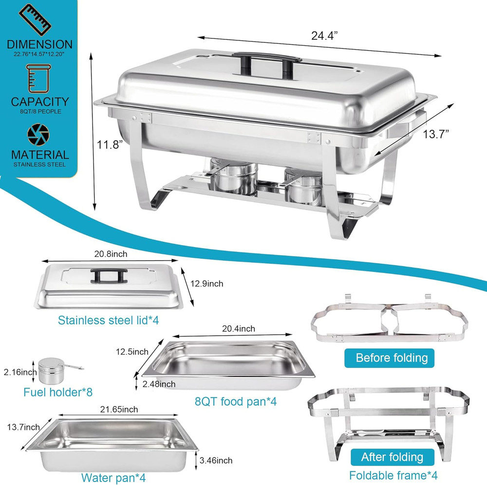 Chafing Dish Buffet Set 4 Packs,9 Quart Stainless Steel Foldable Rectangular Cha