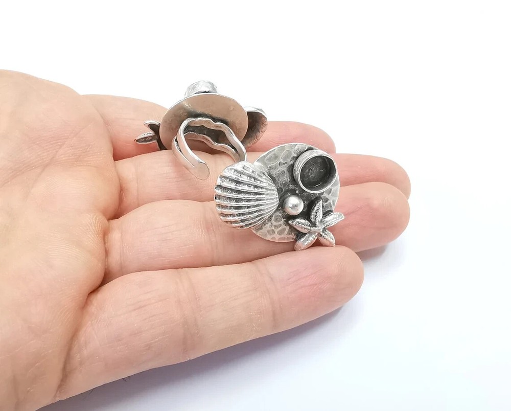 Starfish Seashell Ball Disc Blank Ring Setting Cabochon Mounting Silver Ring