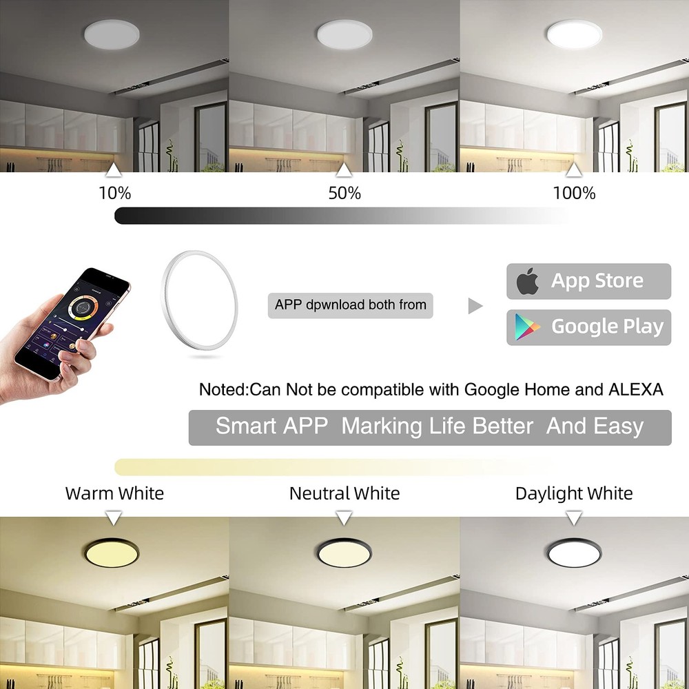 2 Pack Dimmable LED Flush Mount Ceiling Light 12in 28W 3100lm Smart App Control
