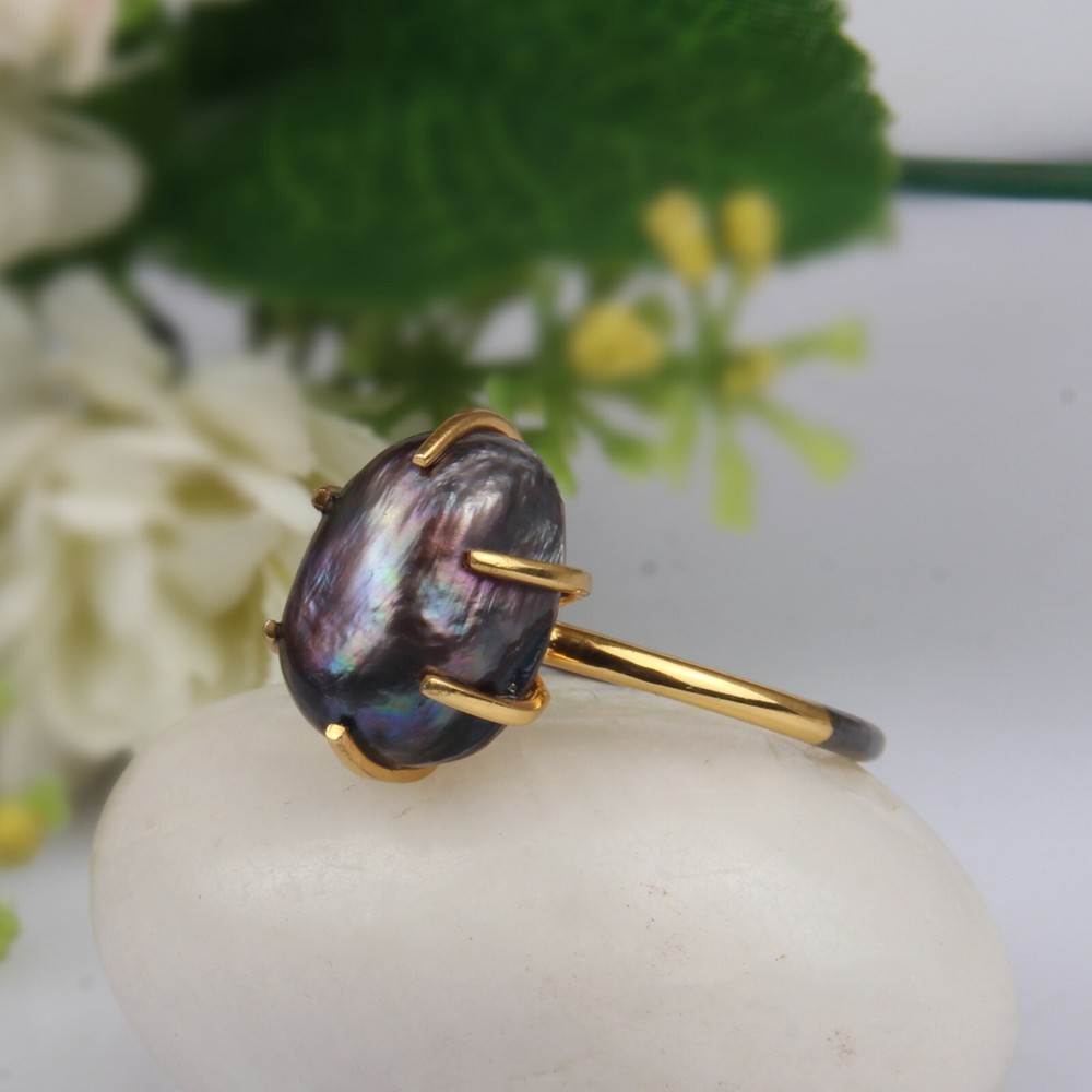Peacock Black Pearl Engagement Ring 925 Sterling Silver Two Tone Stack Ring