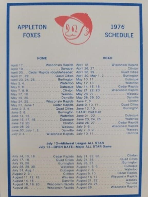 1976 Appleton (Wisconsin) Foxes Minor League Baseball Program Midwest League