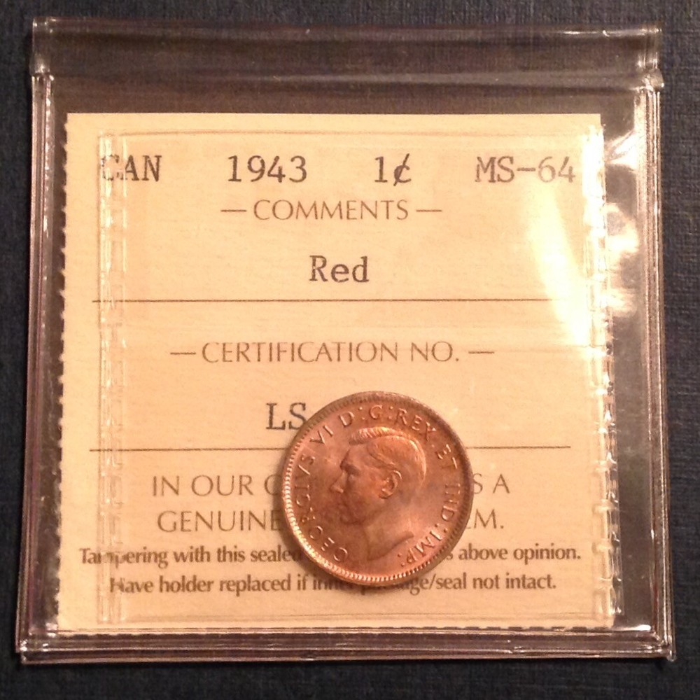 1943 Canada George VI One Cent ICCS Graded  RED Uncirculated cd