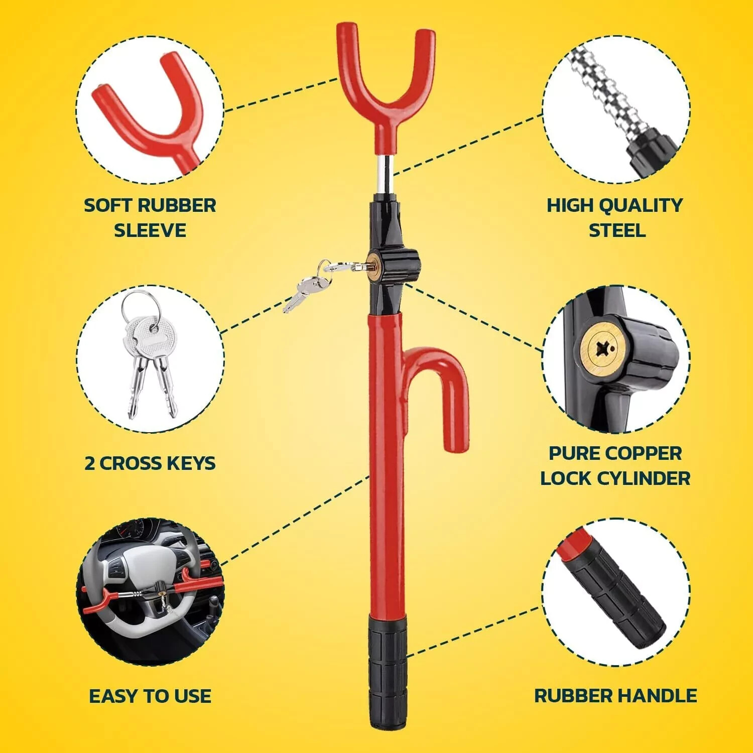 Red Steering Wheel Lock Club Twin Hook Anti Theft Universal Car Van Truck SUVs