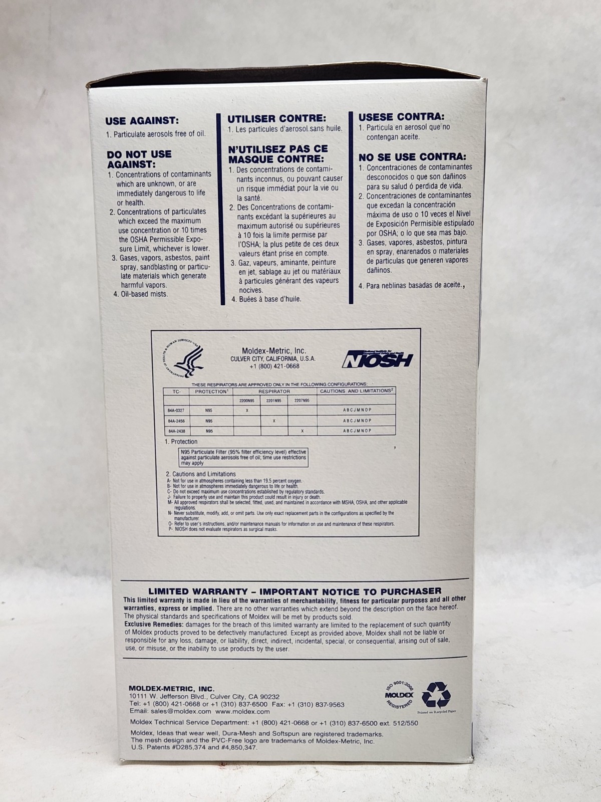 (1 box) Moldex 2200N95 Respirator Mask, Medium/Large 20 Masks per Box