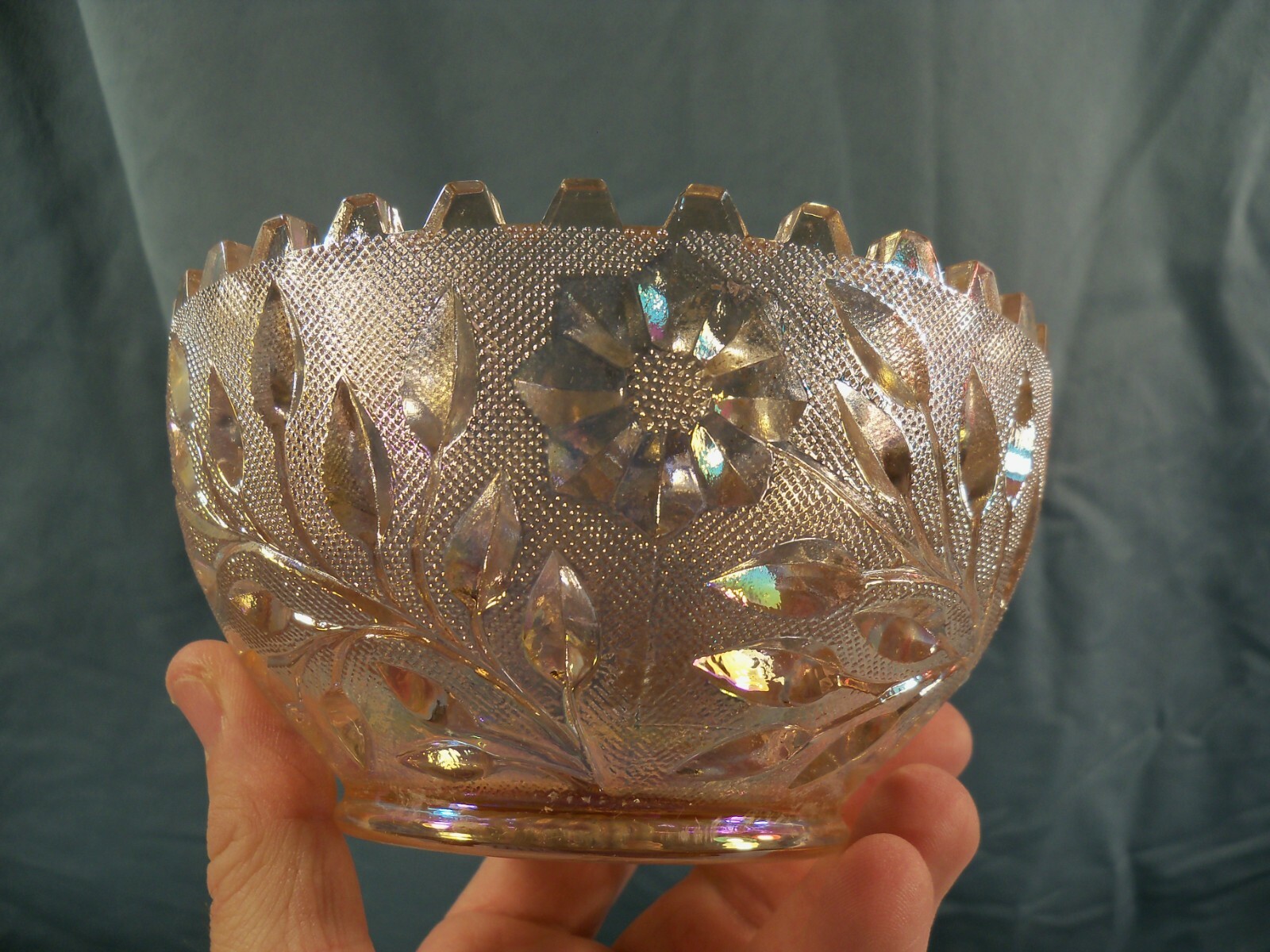 Westmoreland Pink Carnival Glass Wildflower & Lace Finger Bowl / Fireball Bottom