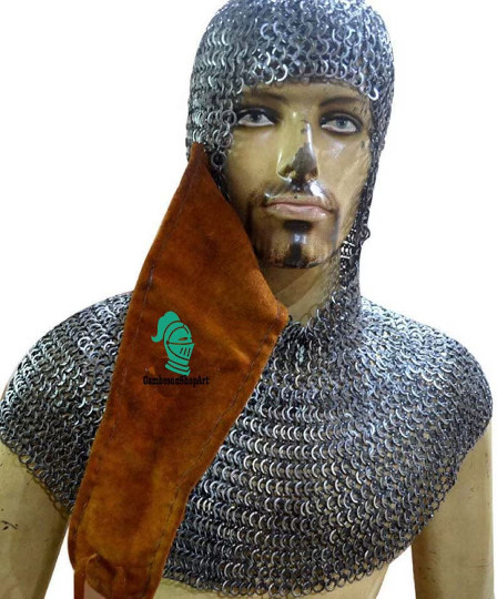 Chain Mail Coif /Hood Flat Riveted Solid Ring Integrated Coif Leather Mild Steel