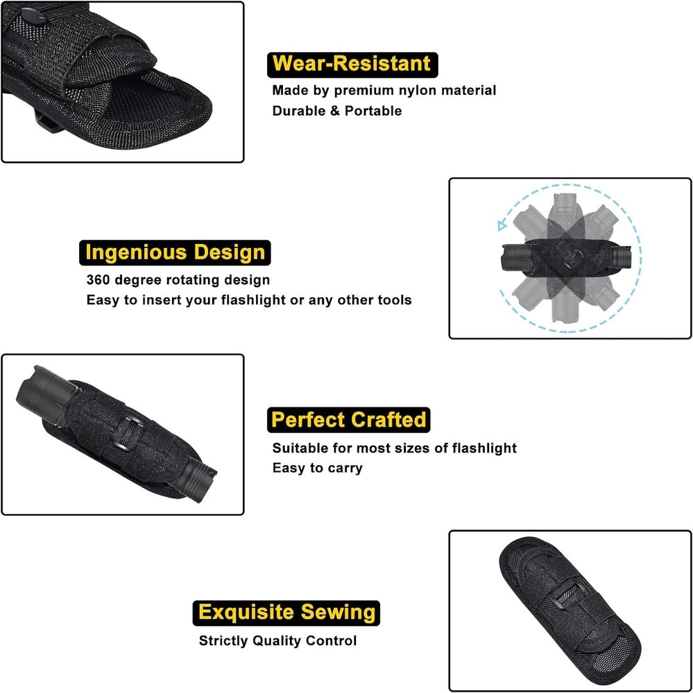 Tactical Flashlight Holster with 360 Degrees Rotatable Clip Stretchy Nylon Pouch