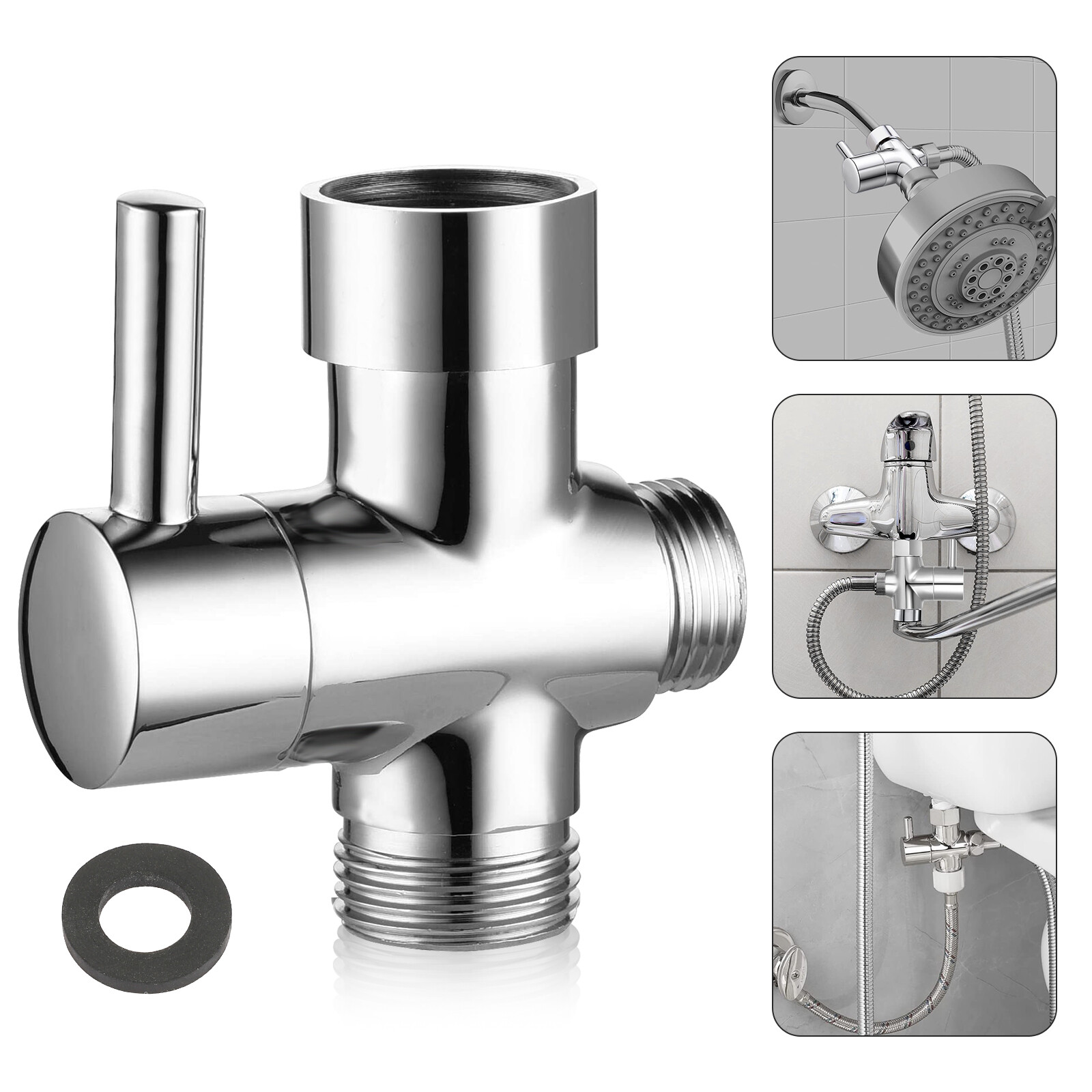 3-Way T-adapter Shower Head Diverter Valve Water Splitter Switch Faucet Bathroom