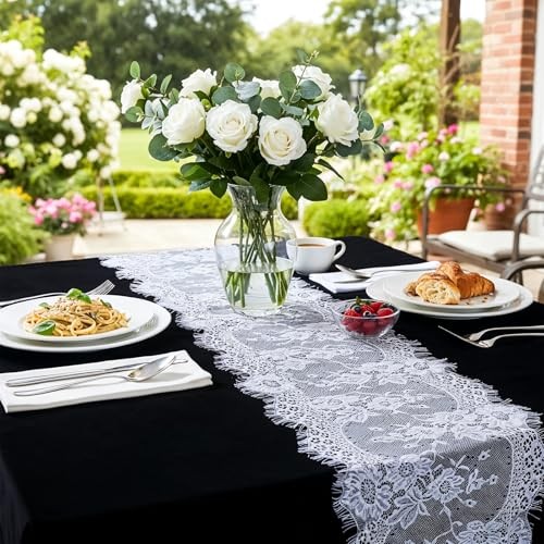 12 Pack 14 x 120 Inch Lace Table Runner, White Rustic Lace Fabric Table