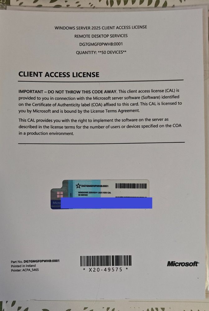 Windows Server 2025 Remote Desktop (RDS) CALs for 50 Devices (Physical)