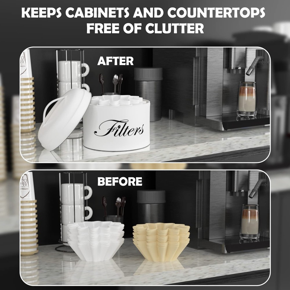 Coffee Filter Holder, White Basket Coffee Filter Storage with Lid, Round Coff...