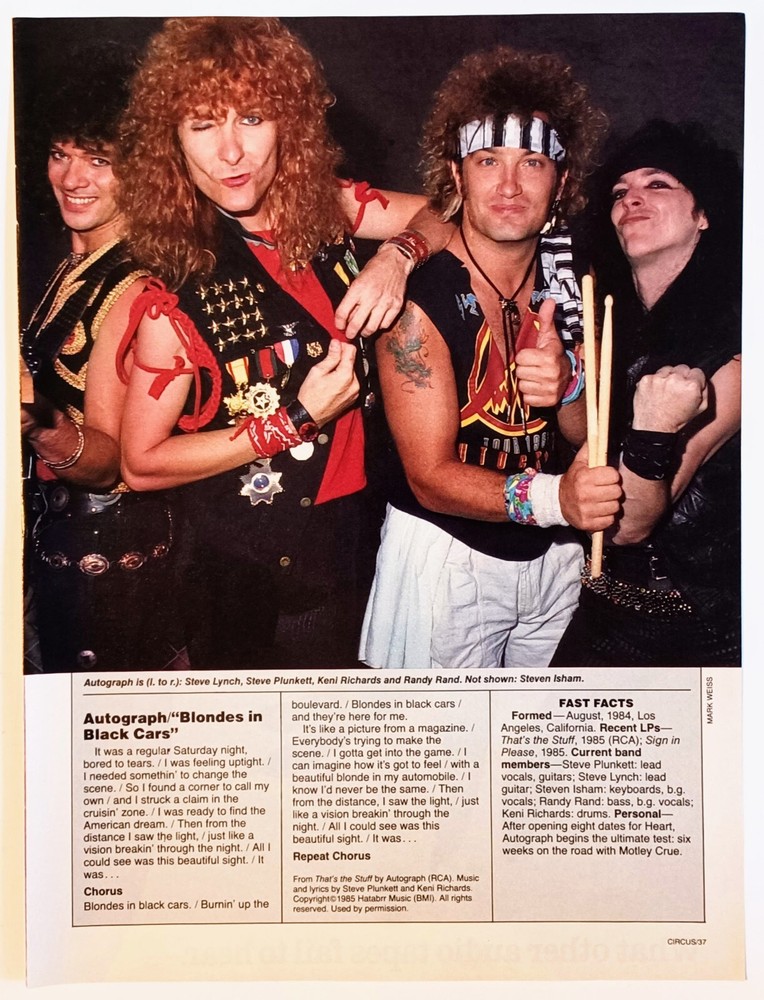 AUTOGRAPH~BLONDES IN BLACK CARS LYRICS~ORIG 1985 POSTER~MAGAZINE PINUP CLIPPING